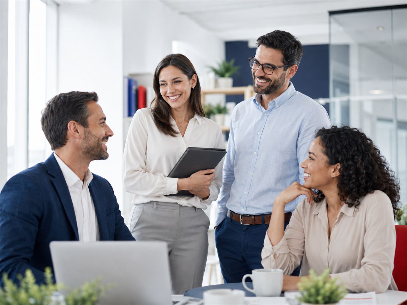 Equipe de colaboradores de uma pequena empresa conversando em escritório
