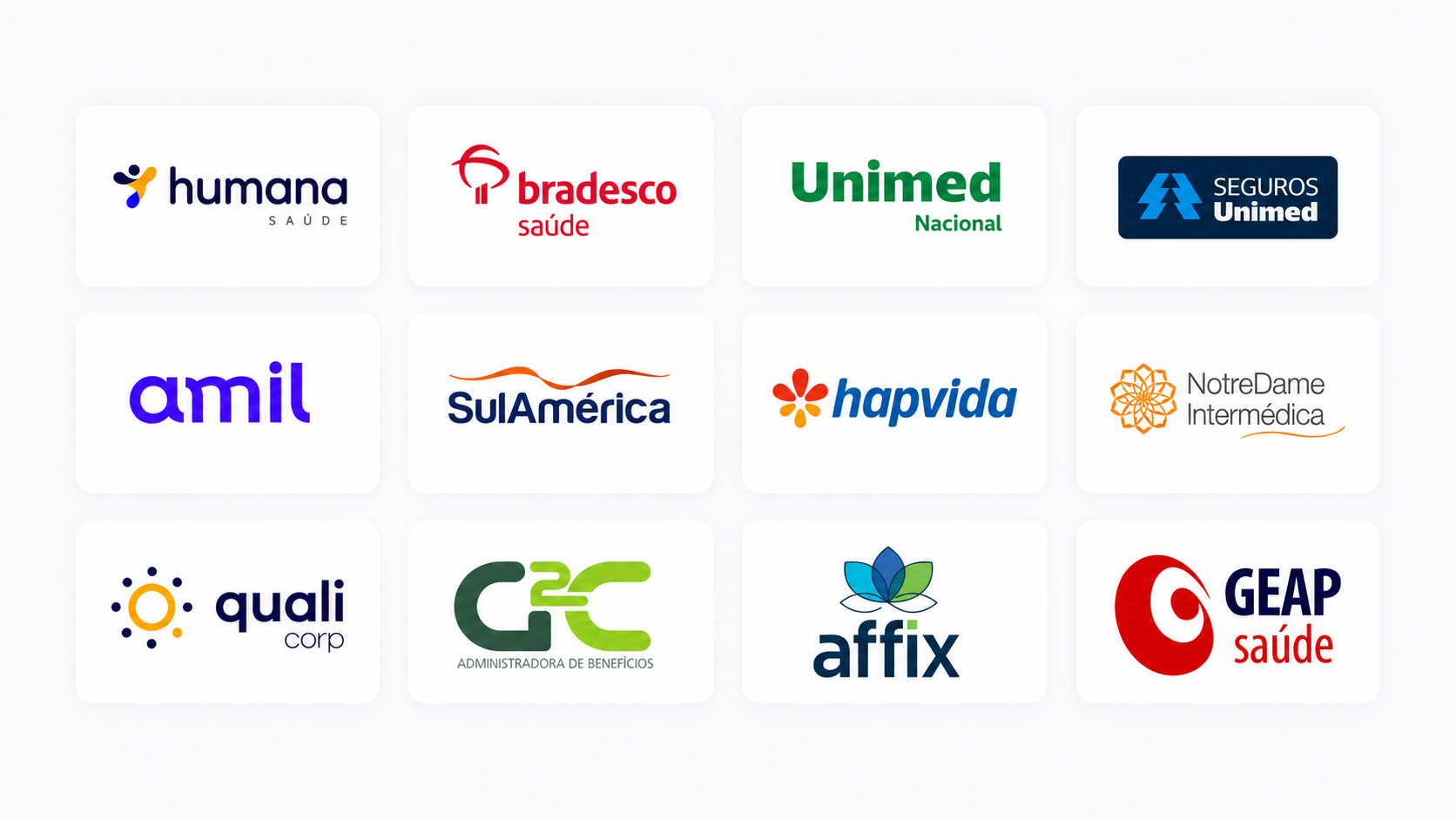 Logotipos das operadoras parceiras: Ceam Brasil, Humana Saúde, Bradesco Saúde, Ampla Saúde, CASSI Essencial, Unimed Nacional, Seguros Unimed, Amil, SulAmérica, Hapvida e NotreDame Intermédica