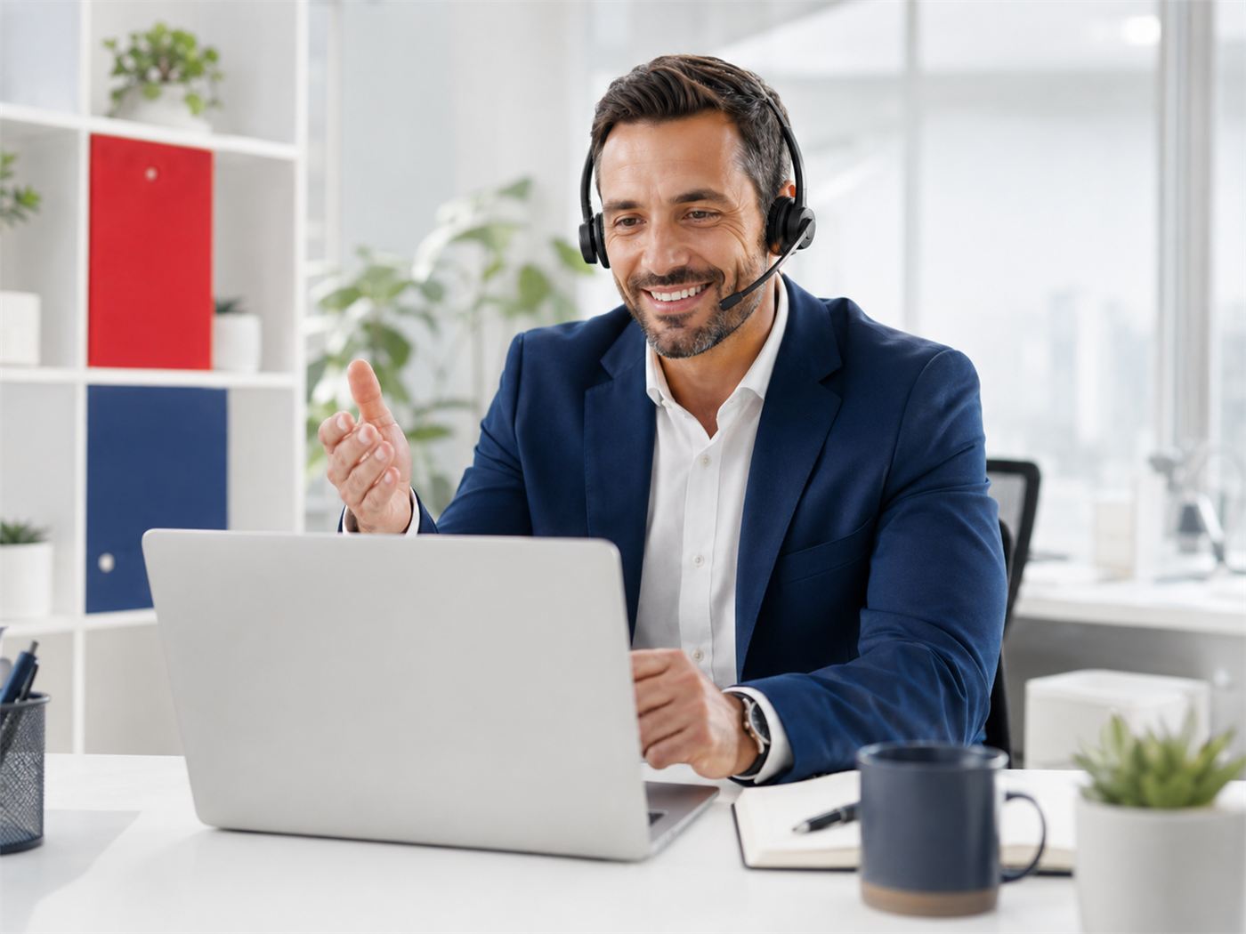 Consultor da corretora atendendo cliente por videochamada com fone de ouvido